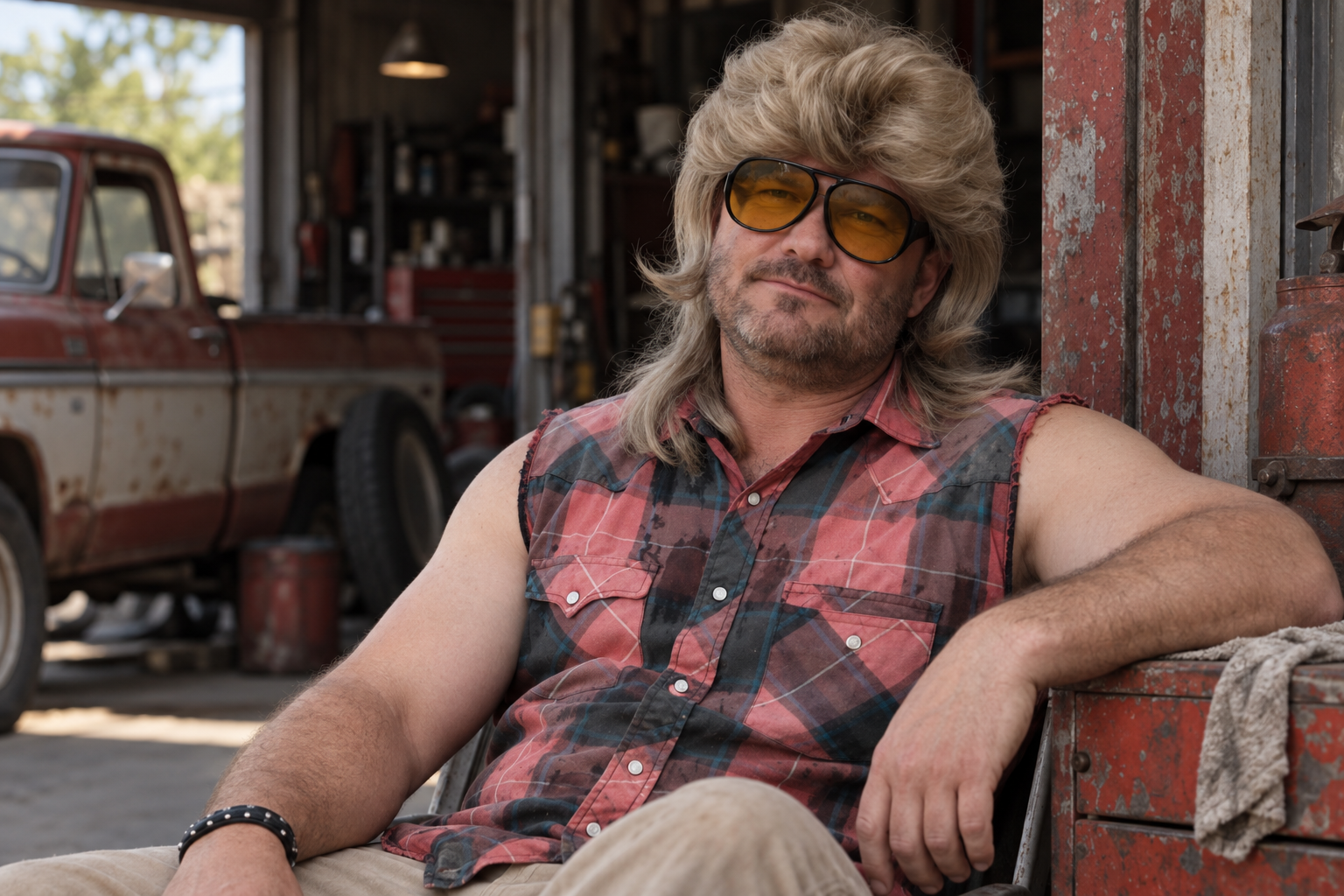 Cousin Earl in his yellow aviators and red plaid, hanging out at the garage